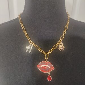 Kiss Me Deadly Gold Tone Spooky Necklace Handmade Vampire Goth Emo Punk Spider